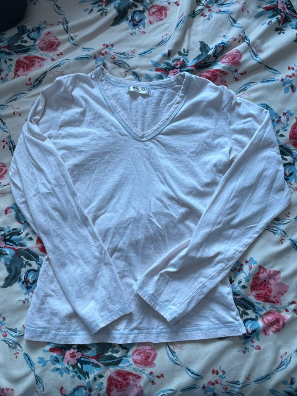 Cherokee Light Pink V-Neck Long Sleeve Tee with Light Blue Stitching